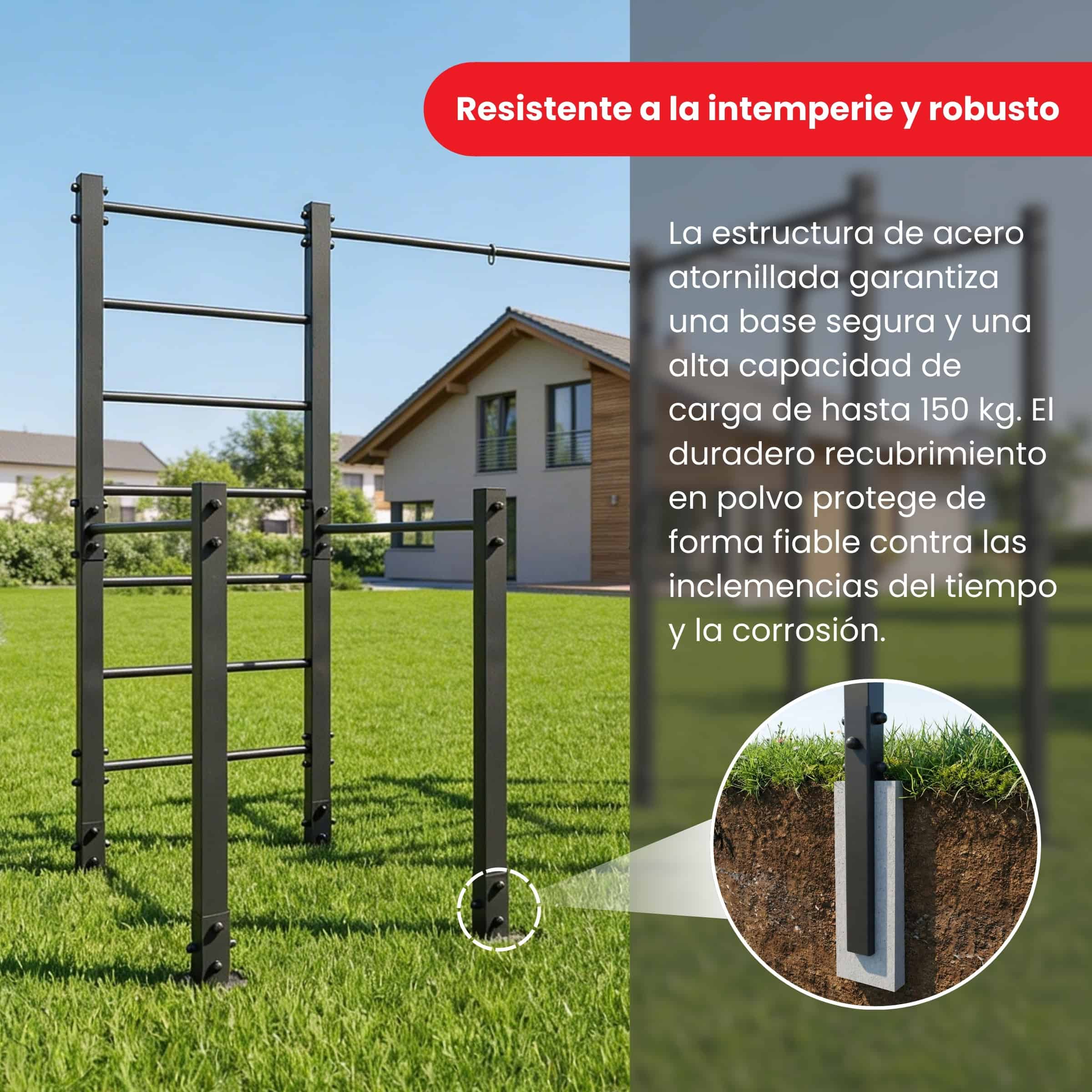 Wetterfeste Outdoor Calisthenics Anlage aus pulverbeschichtetem Stahl im Garten – stabile Bodenverankerung und belastbar bis 150 kg