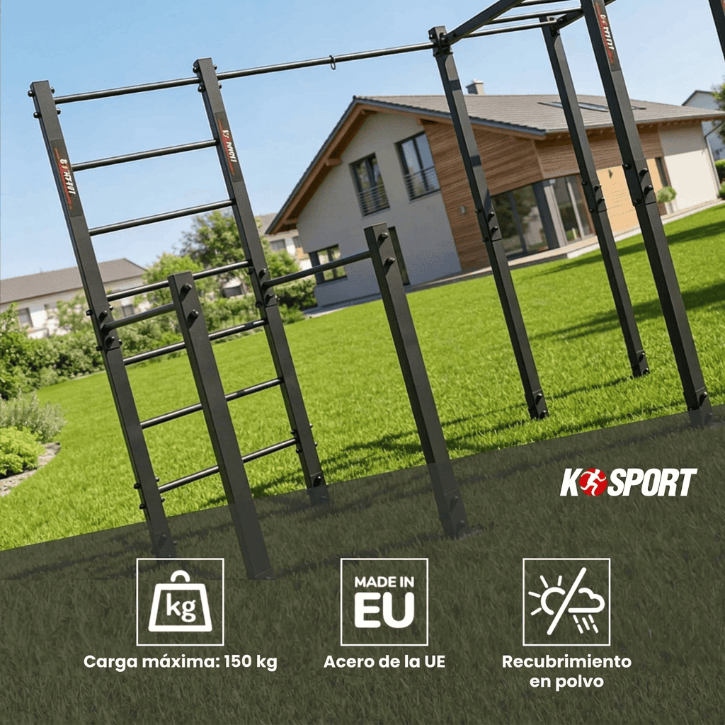 Outdoor Calisthenics Fitnessgerät für den Garten mit Sprossenwand, Hangelleiter und Klimmzugstangen – belastbar bis 150 kg, EU-Stahl