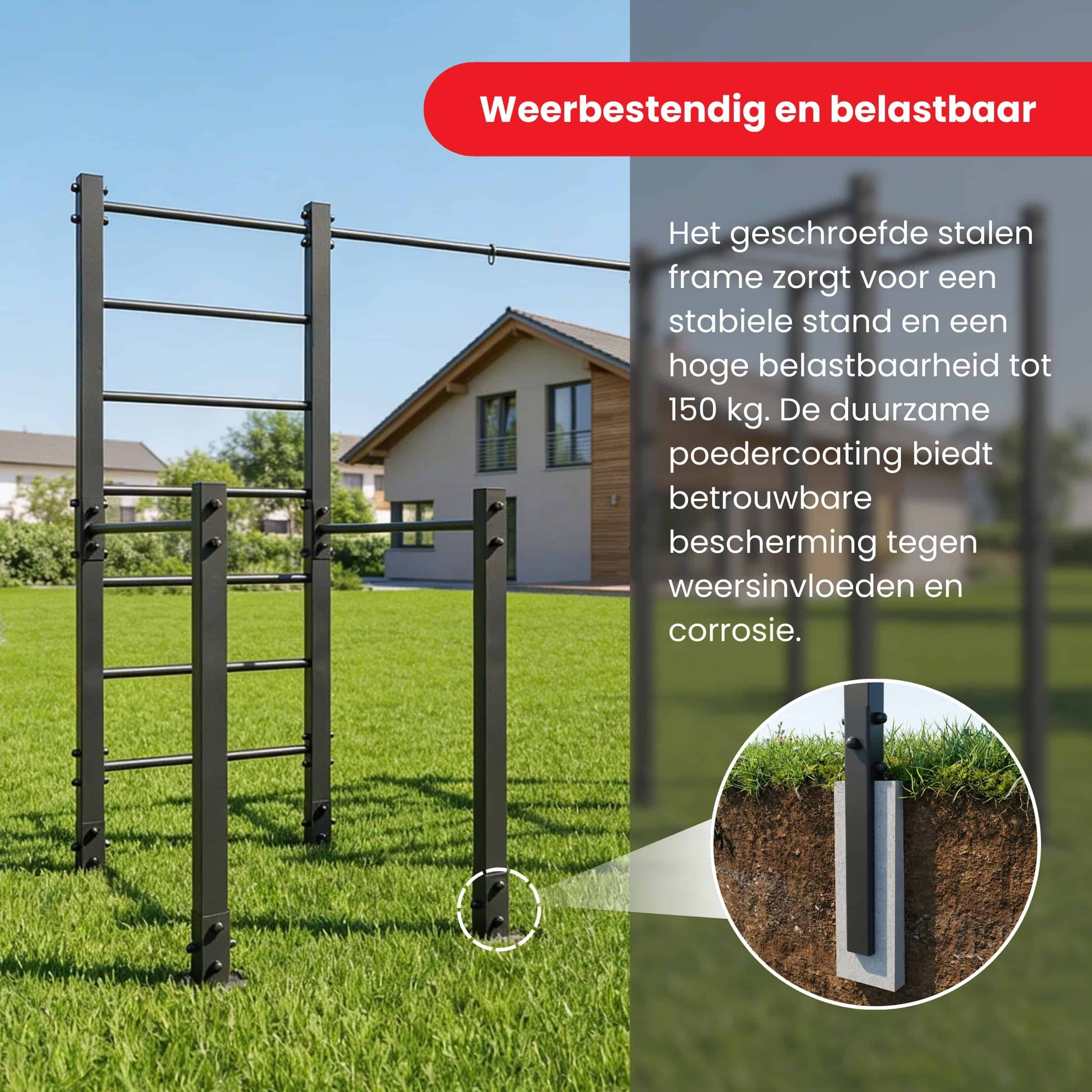 Wetterfeste Outdoor Calisthenics Anlage aus pulverbeschichtetem Stahl im Garten – stabile Bodenverankerung und belastbar bis 150 kg